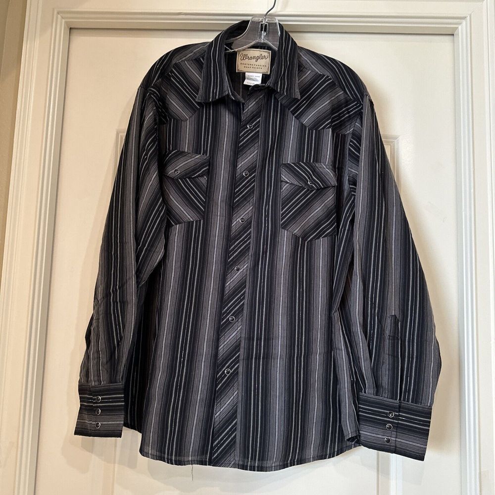 Vintage Wrangler Western Shirt Black Gray Silver Striped Pocket Pearl Snap Sz XL